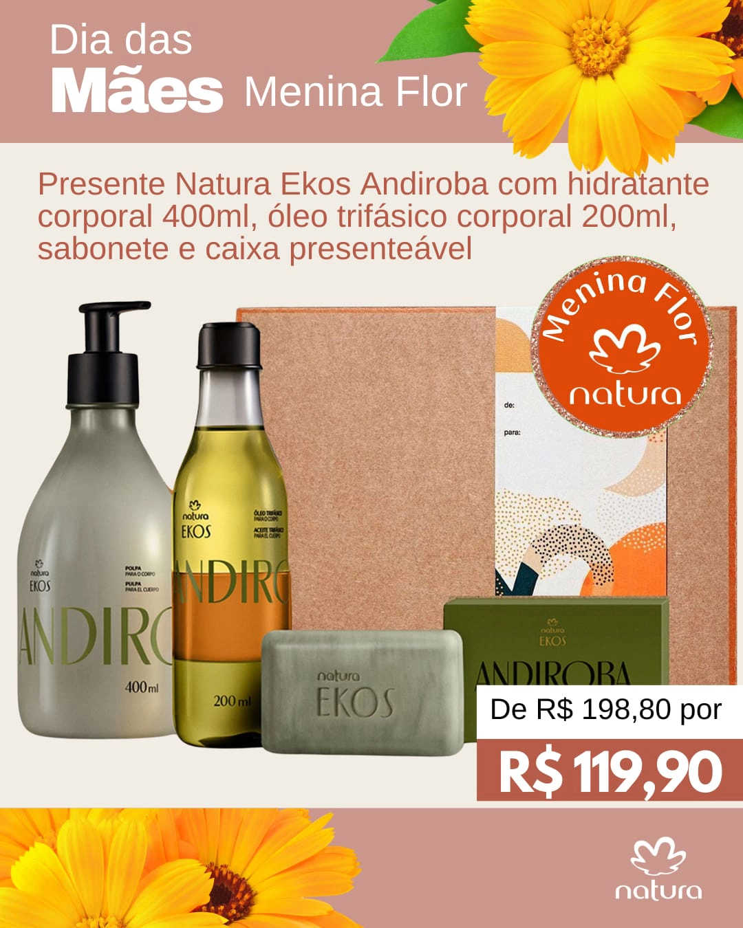 Menina Flor Loja Natura em Goiânia Dia das Mães Presente Natura Ekos Andiroba com Hidratante Corporal 400ml - Óleo Trifásico Corporal 200ml - Sabonete - Caixa Presenteável