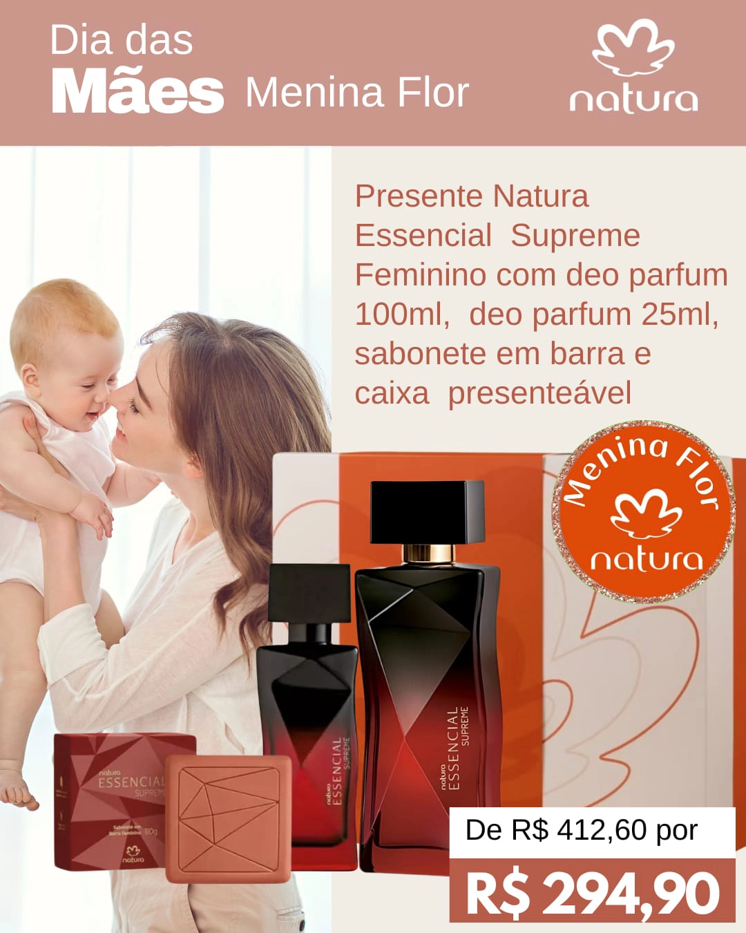 Menina Flor Loja Natura em Goiânia Dia das Mães Presente Natura Essencial Supreme Feminino com Deo Parfum 100ml - Deo Parfum 25ml - Sabonete em Barra - Caixa Presenteável