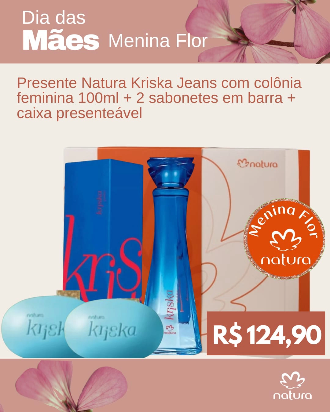 Menina Flor Loja Natura em Goiânia Dia das Mães Presente Natura Krisma Jeans com Colônia Feminina 100ml - 2 Sabonetes em Barra - Caixa Presenteável