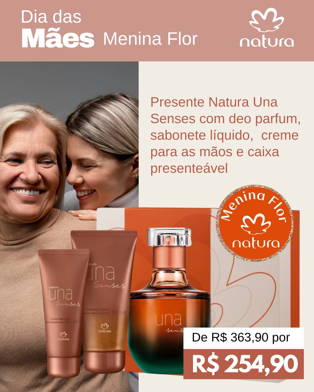 Menina Flor Loja Natura em Goiânia Dia das Mães Presente Natura Una Senses com Deo Parfum - Sabonete Líquido - Creme para as Mãos -Caixa Presenteável