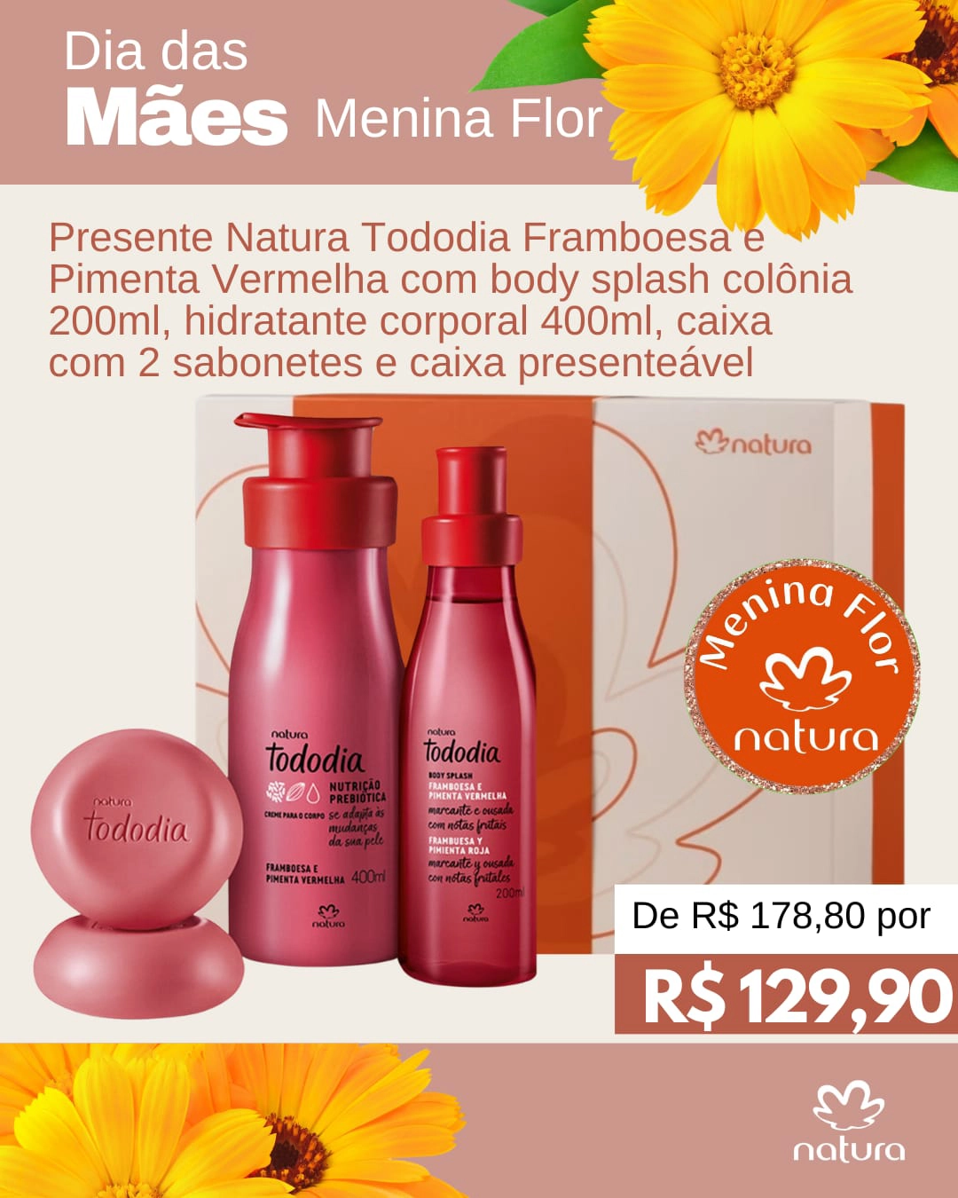 Menina Flor Presente Natura Tododia Framboesa e Pimenta Vermelha com Body Splash Colônia 200ml - Hidratante Corporal 400ml - Caixa com 2 Sabonetes - Caixa Presenteável